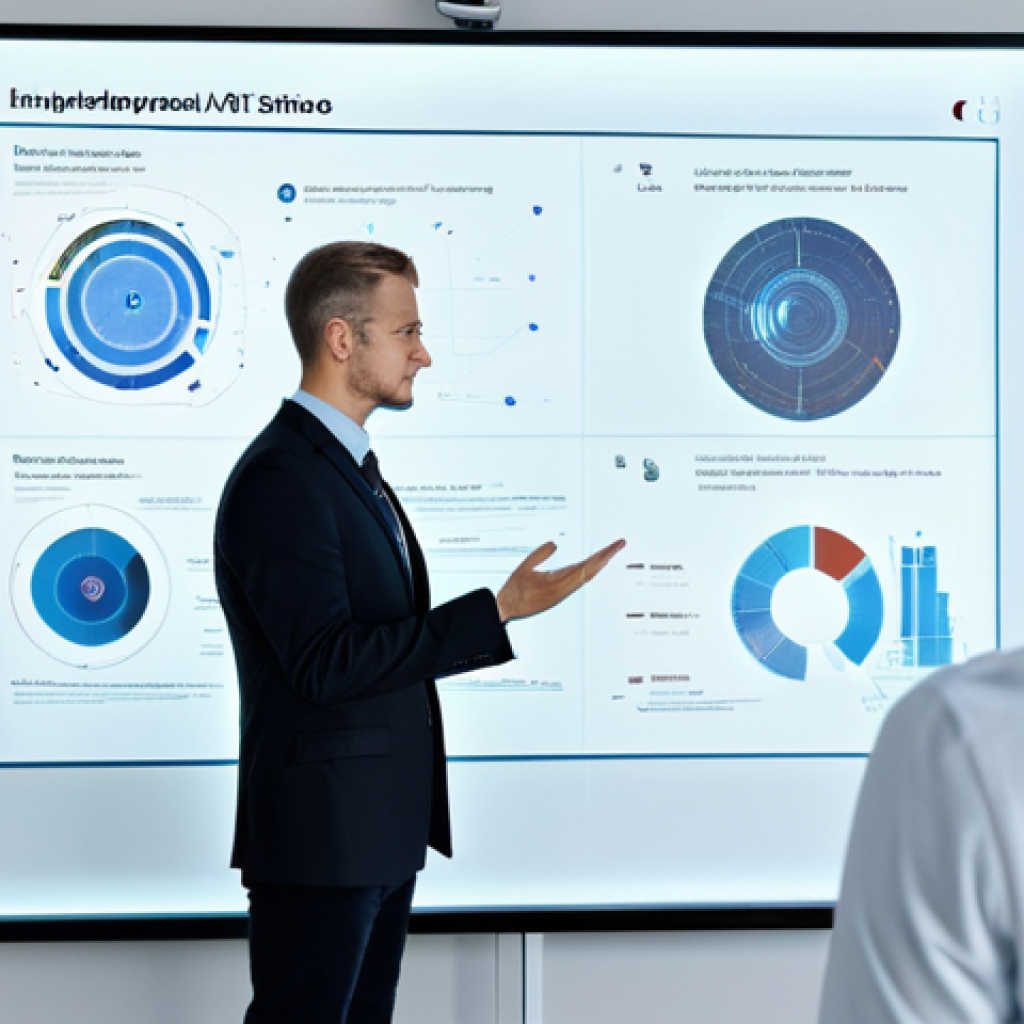 A sleek, futuristic AI entity, represented as a sophisticated holographic projection, guiding a remote workshop. The AI projects complex data visualizations and interactive interfaces onto a virtual whiteboard. Surrounding the projection are fully clothed, professional individuals in modest business attire, observed from the back or side, focused on the projection within a clean, modern, high-tech virtual meeting space. safe for work, appropriate content, fully clothed, professional, perfect anatomy, correct proportions, natural pose, well-formed hands, proper finger count, natural body proportions.