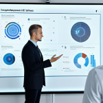 A sleek, futuristic AI entity, represented as a sophisticated holographic projection, guiding a remote workshop. The AI projects complex data visualizations and interactive interfaces onto a virtual whiteboard. Surrounding the projection are fully clothed, professional individuals in modest business attire, observed from the back or side, focused on the projection within a clean, modern, high-tech virtual meeting space. safe for work, appropriate content, fully clothed, professional, perfect anatomy, correct proportions, natural pose, well-formed hands, proper finger count, natural body proportions.