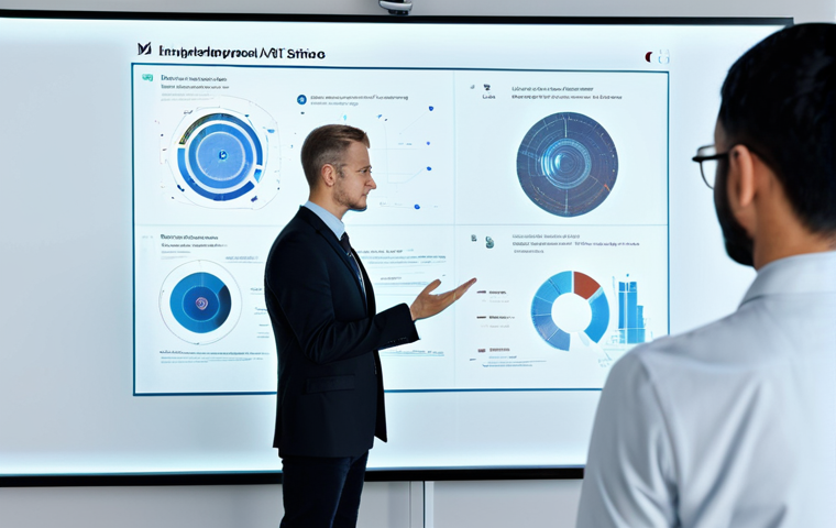 A sleek, futuristic AI entity, represented as a sophisticated holographic projection, guiding a remote workshop. The AI projects complex data visualizations and interactive interfaces onto a virtual whiteboard. Surrounding the projection are fully clothed, professional individuals in modest business attire, observed from the back or side, focused on the projection within a clean, modern, high-tech virtual meeting space. safe for work, appropriate content, fully clothed, professional, perfect anatomy, correct proportions, natural pose, well-formed hands, proper finger count, natural body proportions.