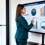 A professional female project manager in a modest business blazer and smart trousers, seen in a modern, organized home office setting with a large monitor displaying clear outcome-based metrics and a completed project dashboard. The background shows a soft-focused, well-lit remote workspace. The image emphasizes a focus on results and accountability in a remote environment, safe for work, appropriate content, fully clothed, professional. Perfect anatomy, correct proportions, natural pose, well-formed hands, proper finger count, natural body proportions, high-quality professional photography, detailed, clean aesthetic.