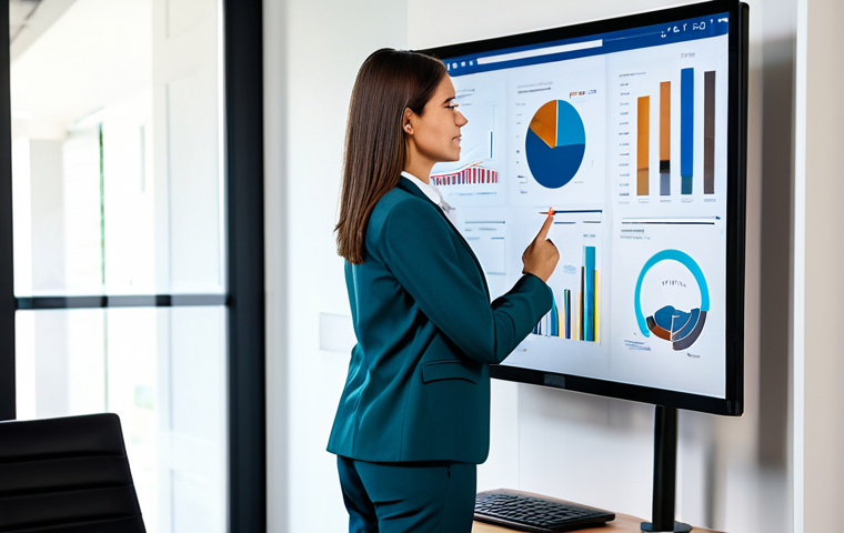 A professional female project manager in a modest business blazer and smart trousers, seen in a modern, organized home office setting with a large monitor displaying clear outcome-based metrics and a completed project dashboard. The background shows a soft-focused, well-lit remote workspace. The image emphasizes a focus on results and accountability in a remote environment, safe for work, appropriate content, fully clothed, professional. Perfect anatomy, correct proportions, natural pose, well-formed hands, proper finger count, natural body proportions, high-quality professional photography, detailed, clean aesthetic.
